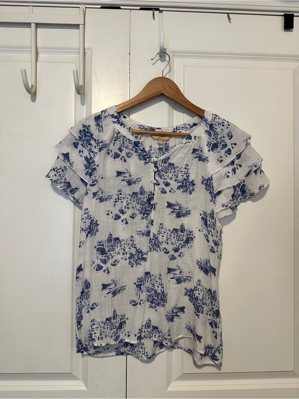 Blue Floral Linen  Ruffle Top